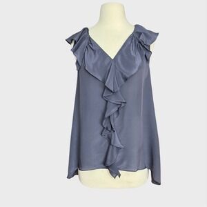 Vintage y2k Office Siren Blue Grey Silk Ruffle Front Sleeveless Blouse Career